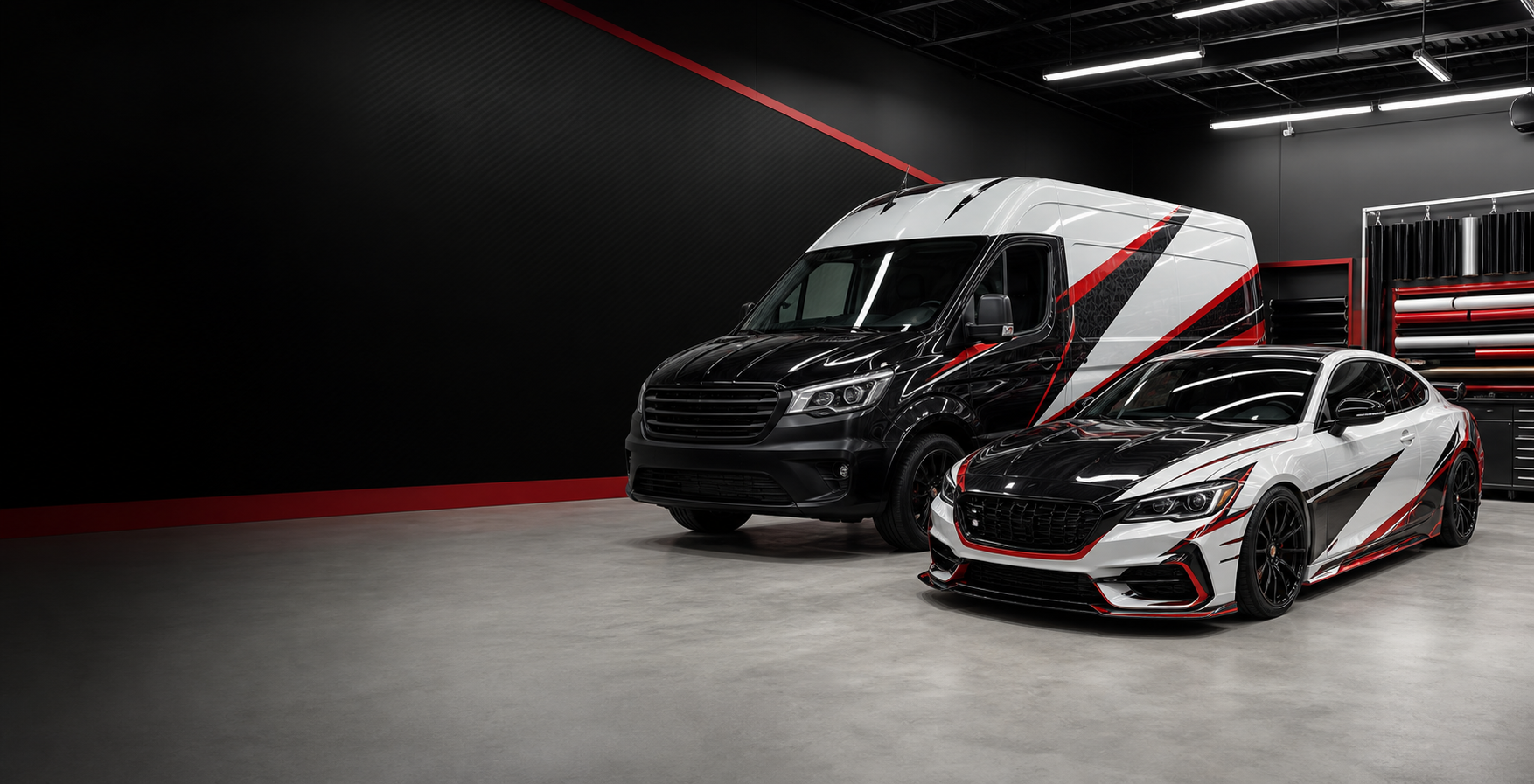 Wrapped vehicles in a modern automotive wrap shop